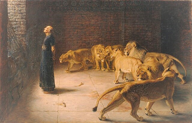 旧約聖書のダニエルがライオンと共に囚われたことを描いた絵画。