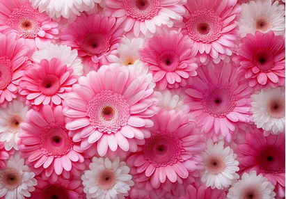 薄いピンク、濃いピンク、様々な色合いのピンク色のガーベラの花が敷き詰められた写真です